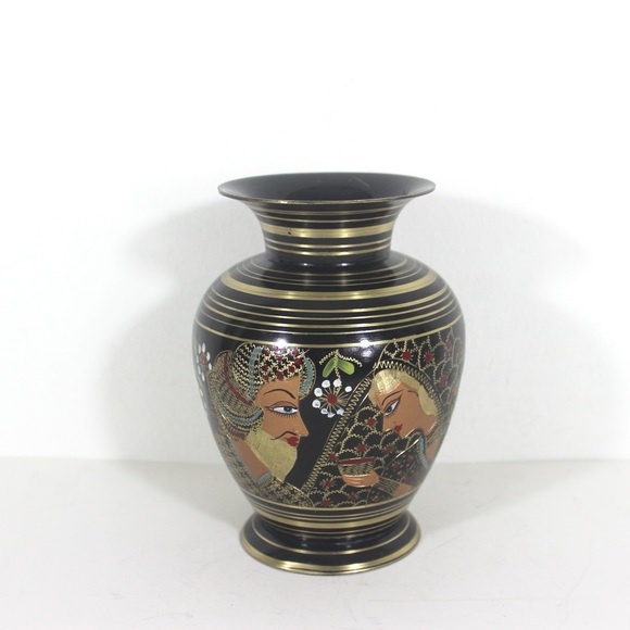 Vintage Blackened Painted and Etched Brass Vase, Indian Wedding Couple - Picture 1 of 9